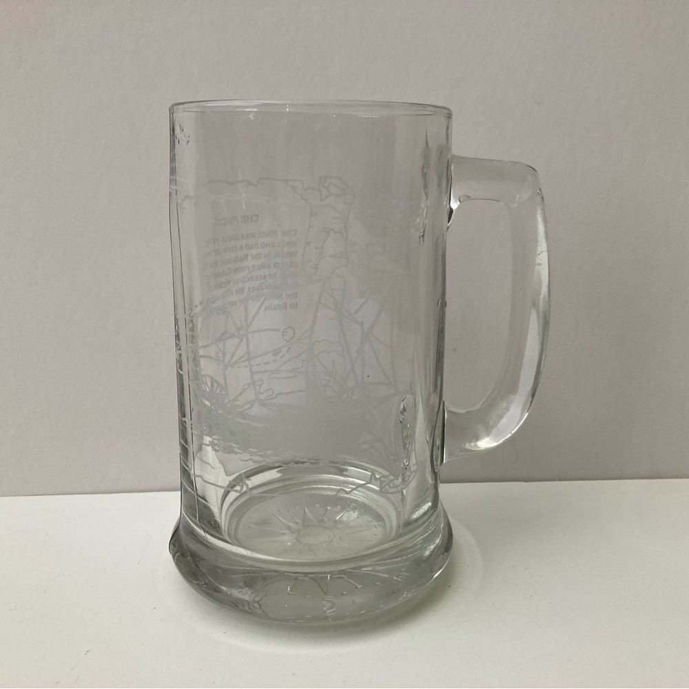 Vintage The Pinta Etched Glass Beer Mug Cup Columbus Voyage Nautical Ship 16 oz